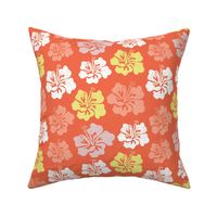 Hibiscus flower silhouettes. Yellow, coral and white Hawaiian hibiscus flowers on an orange background. Vintage distressed look.