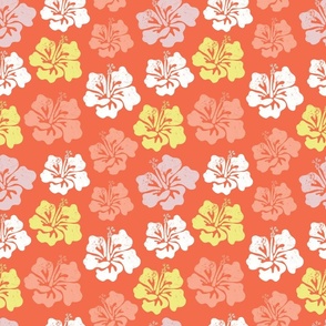 Hibiscus flower silhouettes. Yellow, coral and white Hawaiian hibiscus flowers on an orange background. Vintage distressed look.