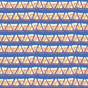 Irregular coral lime yellow white doodle triangles in a row on a  blue background. Layered triangles.