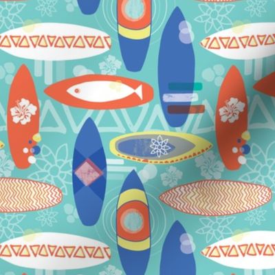 Surfboards blue orange yellow white on an aqua blue background. Triangles hibiscus flowers fishes. Hawaiian print. Distressed look.