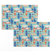 Surfboards blue orange yellow white on an aqua blue background. Triangles hibiscus flowers fishes. Hawaiian print. Distressed look.