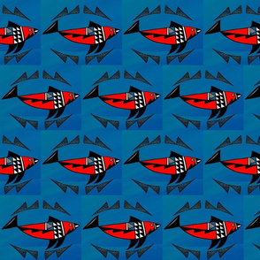 Native American Salmon Red on Blue