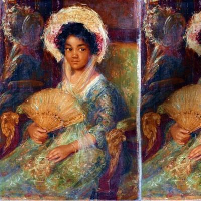 1 young black woman lady african descent POC people of color WOC green victorian bonnets big hats beautiful young lady fans 19th century shabby chic red flowers floral romantic beauty vintage antique elegant gothic lolita egl  