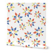 Abstract orange blue yellow flowers on a white background. Distressed look.