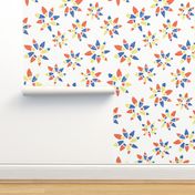 Abstract orange blue yellow flowers on a white background. Distressed look.