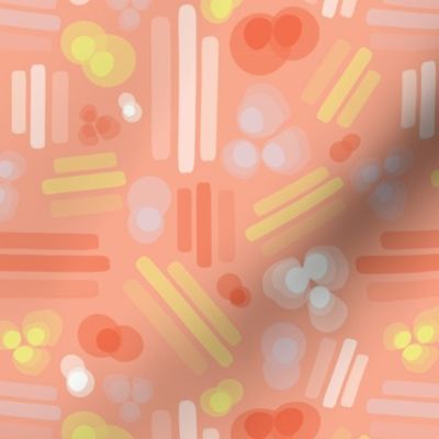 Abstract geometric shapes. Stripes rectangles dots bubbles circles orange coral white pink yellow on a peach background. Layered geometric shapes.