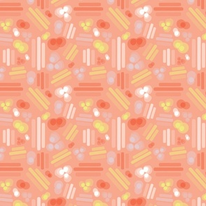 Abstract geometric shapes. Stripes rectangles dots bubbles circles orange coral white pink yellow on a peach background. Layered geometric shapes.