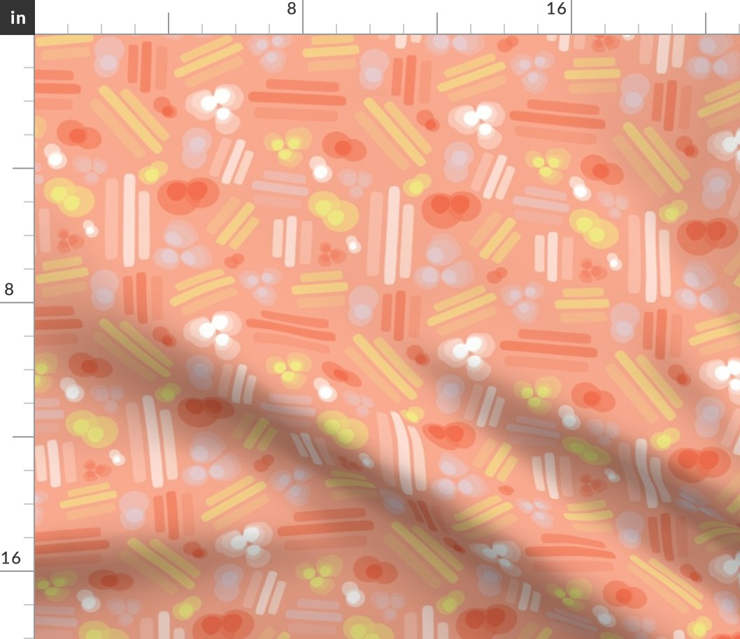 Abstract geometric shapes. Stripes rectangles dots bubbles circles orange coral white pink yellow on a peach background. Layered geometric shapes.