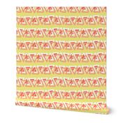 Irregular coral peach orange white doodle triangles in a row on a  lime yellow background. Layered triangles.