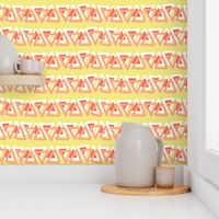 Irregular coral peach orange white doodle triangles in a row on a  lime yellow background. Layered triangles.