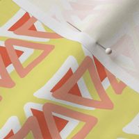 Irregular coral peach orange white doodle triangles in a row on a  lime yellow background. Layered triangles.