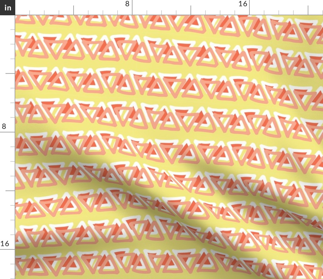 Irregular coral peach orange white doodle triangles in a row on a  lime yellow background. Layered triangles.