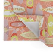 Surfboards pink orange lime yellow white on a coral background. Triangles hibiscus flowers fishes. Hawaiian print. Distressed look.