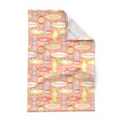 Surfboards pink orange lime yellow white on a coral background. Triangles hibiscus flowers fishes. Hawaiian print. Distressed look.