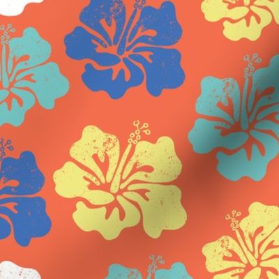 Hibiscus flower silhouettes. Yellow, royal blue and aqua blue Hawaiian hibiscus flowers on an orange background. Vintage inspired.