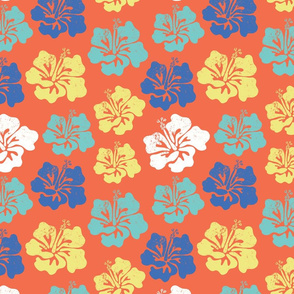 Hibiscus flower silhouettes. Yellow, royal blue and aqua blue Hawaiian hibiscus flowers on an orange background. Vintage inspired.