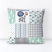 Hot Air Balloon//Oh the places you'll go Navy/Mint/Grey - Wholecloth Cheater Quilt - Rotated