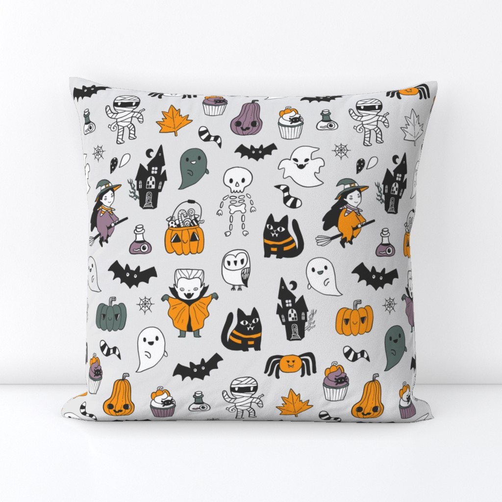 Funny cute spooky Happy Halloween kids pattern with witch, Dracula, pumpkins, ghosts etc.