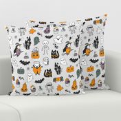 Funny cute spooky Happy Halloween kids pattern with witch, Dracula, pumpkins, ghosts etc.