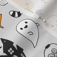 Funny cute spooky Happy Halloween kids pattern with witch, Dracula, pumpkins, ghosts etc.