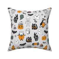 Funny cute spooky Happy Halloween kids pattern with witch, Dracula, pumpkins, ghosts etc.
