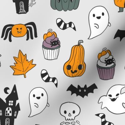 Funny cute spooky Happy Halloween kids pattern with witch, Dracula, pumpkins, ghosts etc.