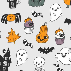 Funny cute spooky Happy Halloween kids pattern with witch, Dracula, pumpkins, ghosts etc.