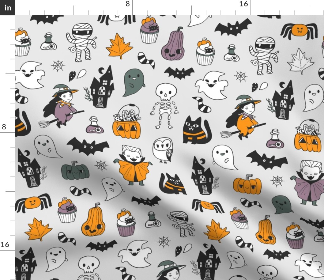 Funny cute spooky Happy Halloween kids pattern with witch, Dracula, pumpkins, ghosts etc.