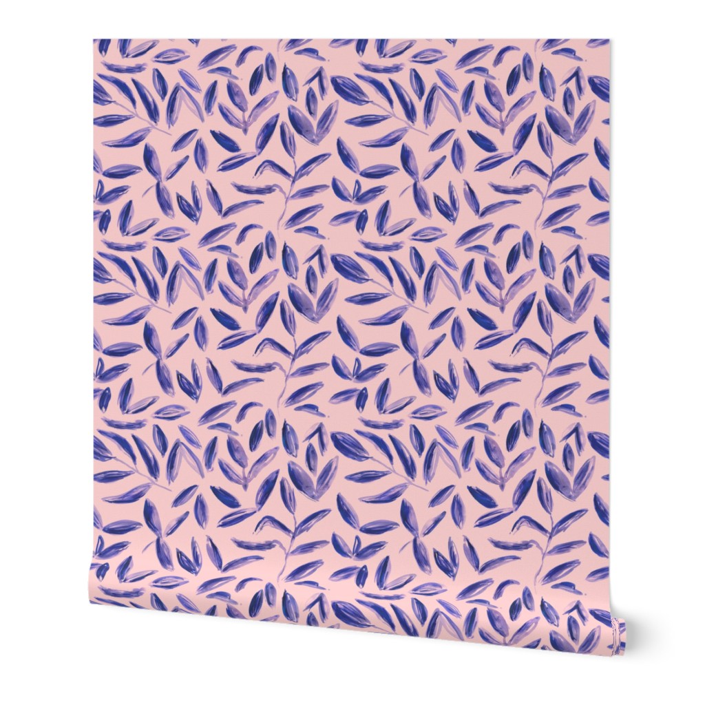 Blue tea leaves on pink || watercolor nature pattern