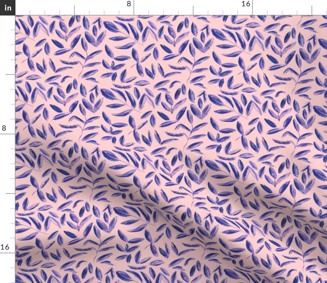 Blue tea leaves on pink || watercolor nature pattern