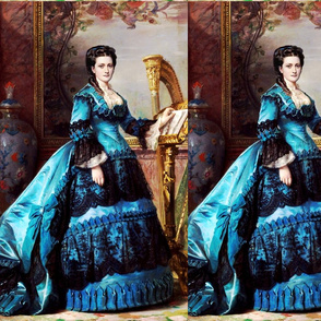 blue black gowns bustle baroque victorian harp flowers floral musical notes musician beauty lace ballgowns rococo portraits beautiful lady gold gilt vase paintings  bows woman elegant gothic lolita egl neoclassical  historical romantic 19th century 