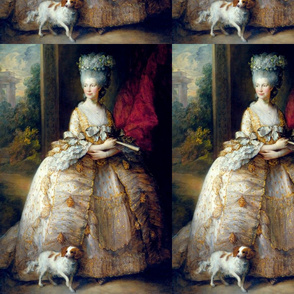 Marie Antoinette inspired princesses queens white yellow gold big gowns lace baroque victorian beautiful lady woman beauty pouf Bouffant dogs pets trees garden sky clouds castle palace bows fans portraits ballgowns flowers floral rococo  elegant gothic lo