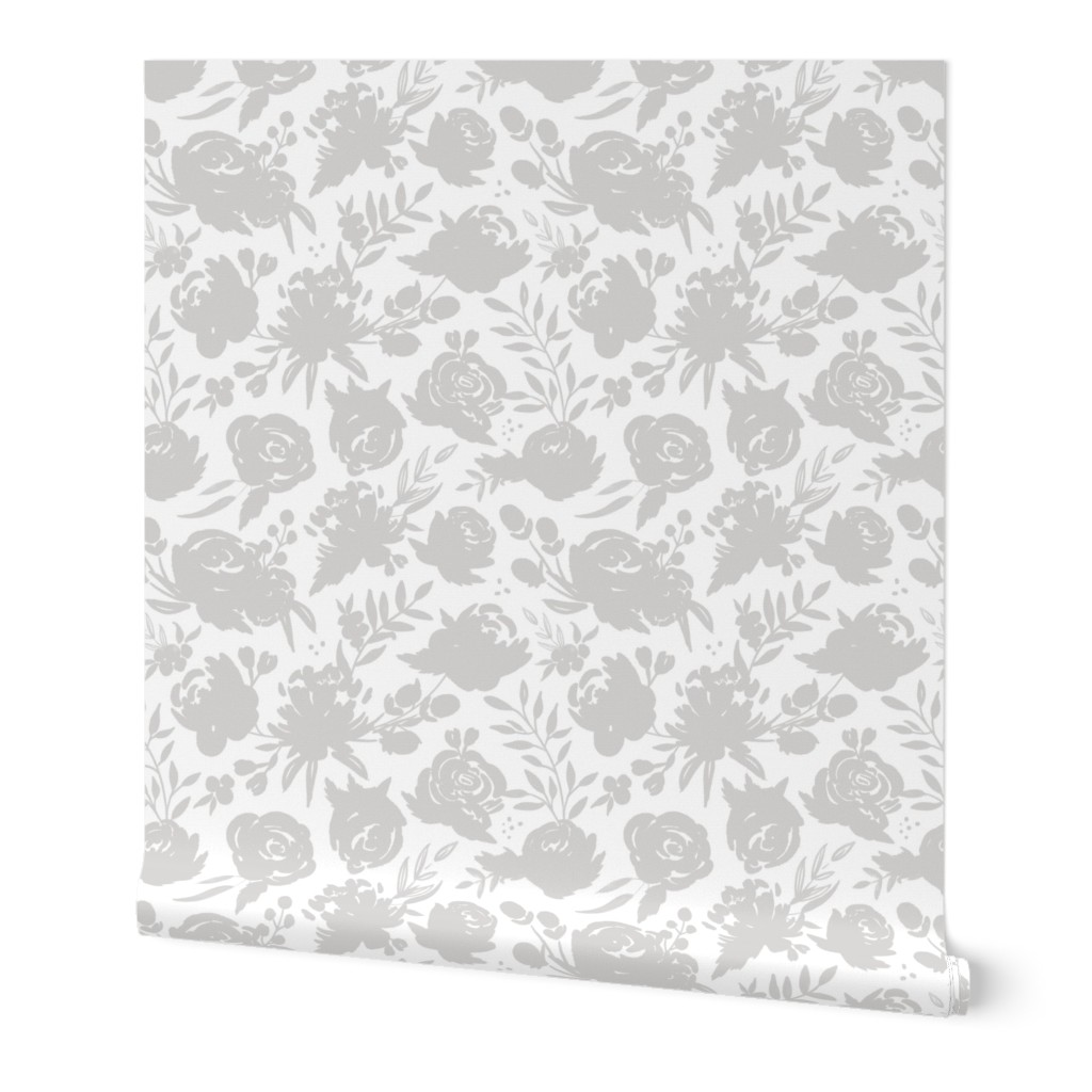 Large Scale "Heavenly" Gray Floral on White