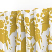 Large Scale "Heavenly" Mustard Floral on White (Gold Flowers)