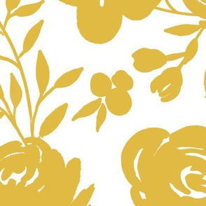 Large Scale "Heavenly" Mustard Floral on White (Gold Flowers)