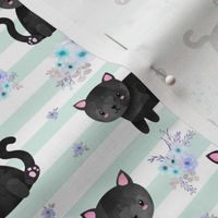 Black Kitten Floral - Mint Stripes