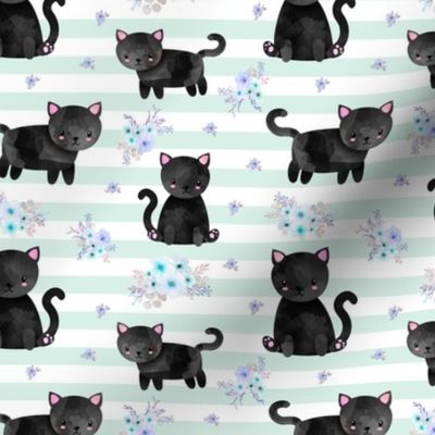 Black Kitten Floral - Mint Stripes