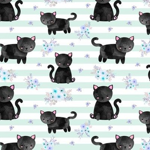 Black Kitten Floral - Mint Stripes