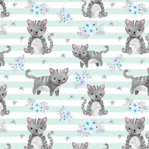 Grey Tabby Kitten Floral - Mint Stripes