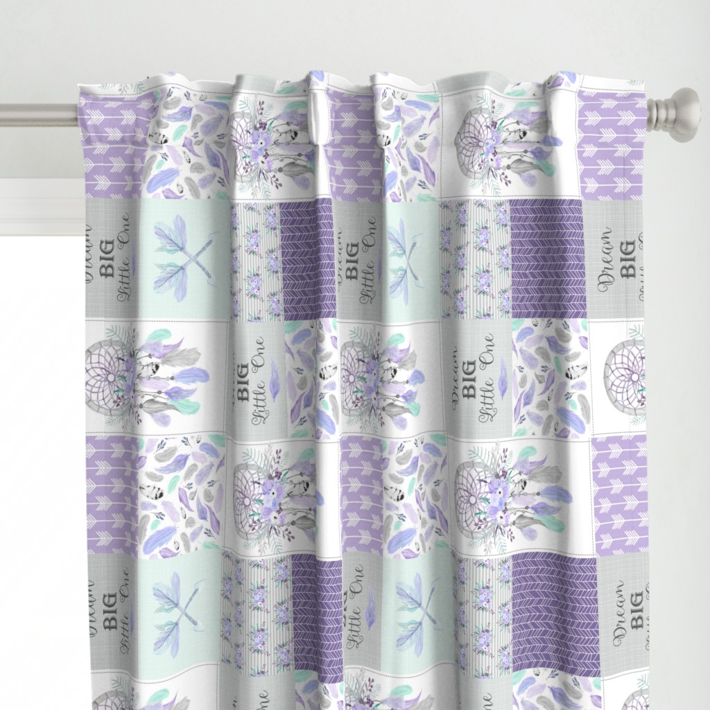 Dream Big Dream Catchers Patchwork Quilt Top – Wholecloth for Girls Purple Lavender Grey Feathers Nursery Blanket Baby Bedding - ROTATED