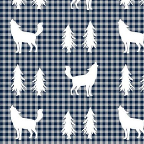 Wolves  – Woodland Trees, Navy / Grey Plaid