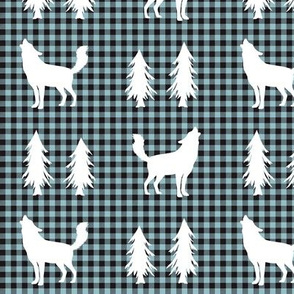 Wolves  – Woodland Trees, Black / Blue Pond Plaid