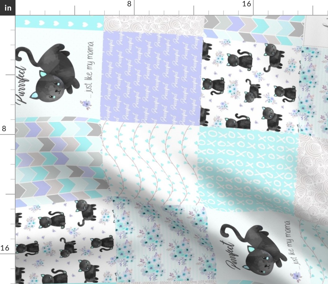 Purrrfect Kitten Patchwork Quilt (rotated) - Aqua, Lavender & Grey - Purrrfect... just like my mama