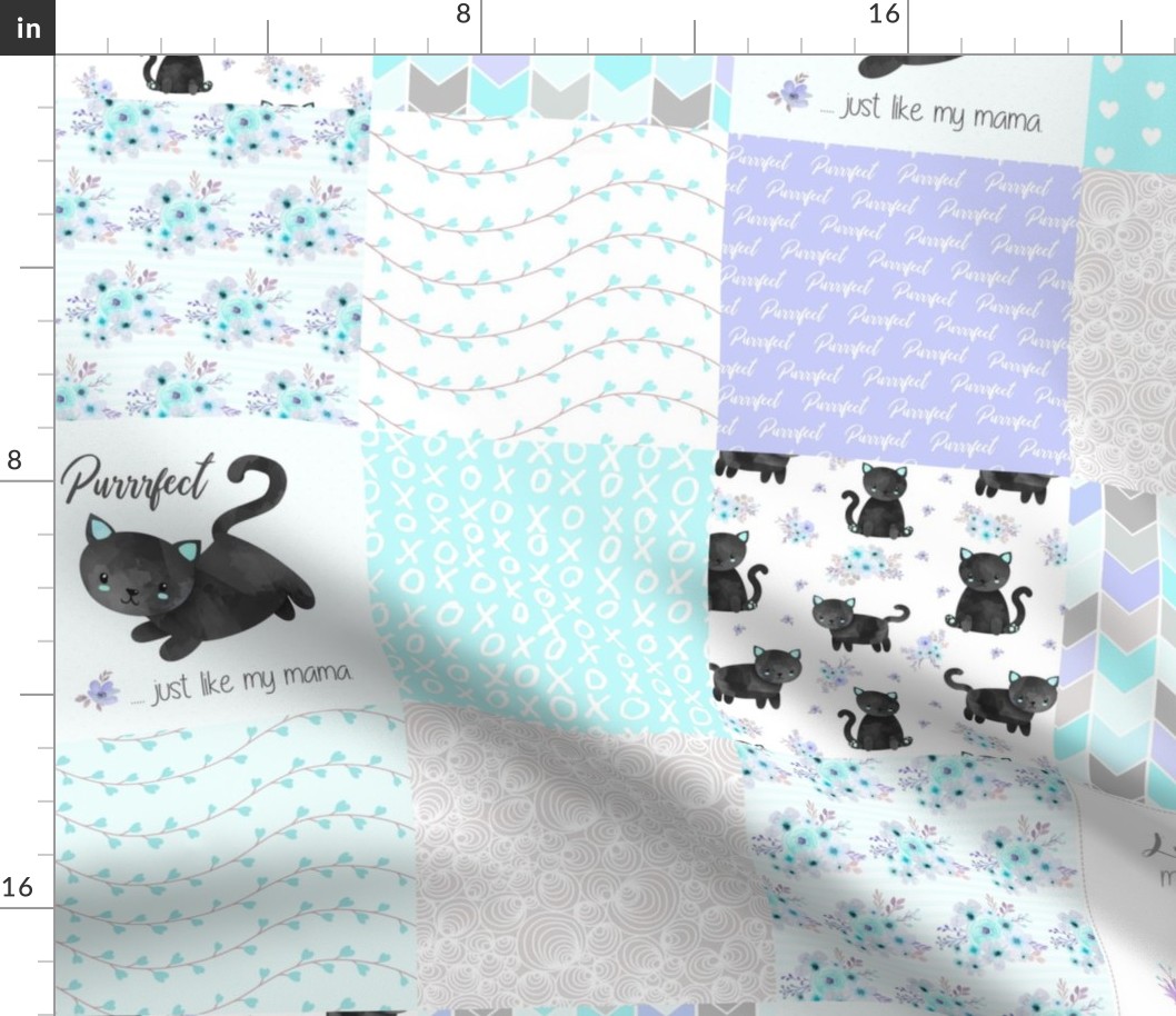 Purrrfect Kitten Patchwork Quilt - Aqua, Lavender & Grey - Purrrfect... just like my mama