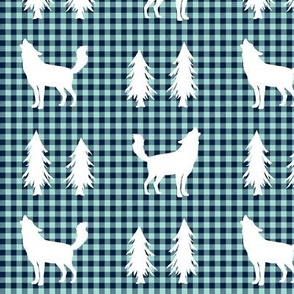 Wolves  – Woodland Trees, Navy / Mint Plaid