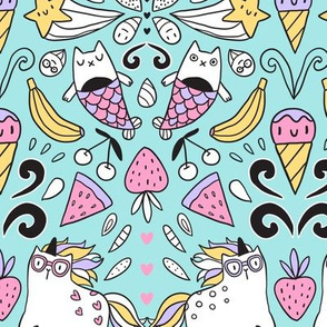 unicorns, mermaids, cats and icecream doodles fabirc pattern design.