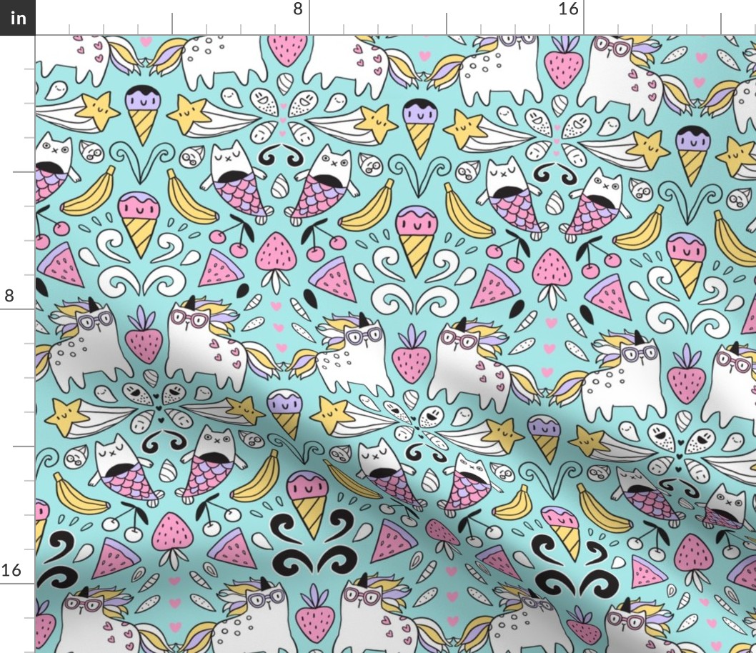 unicorns, mermaids, cats and icecream doodles fabirc pattern design.