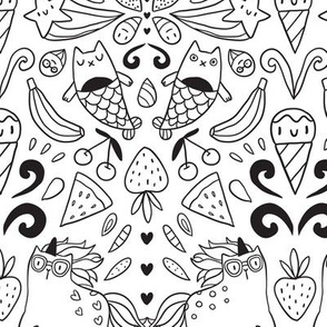 unicorns, mermaids, cats and icecream doodles fabirc pattern design.