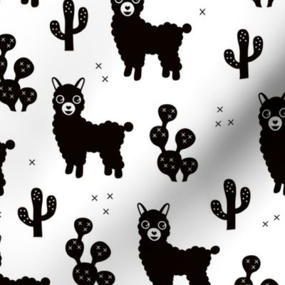 Monochrome llama alpaca love cactus summer design black and white