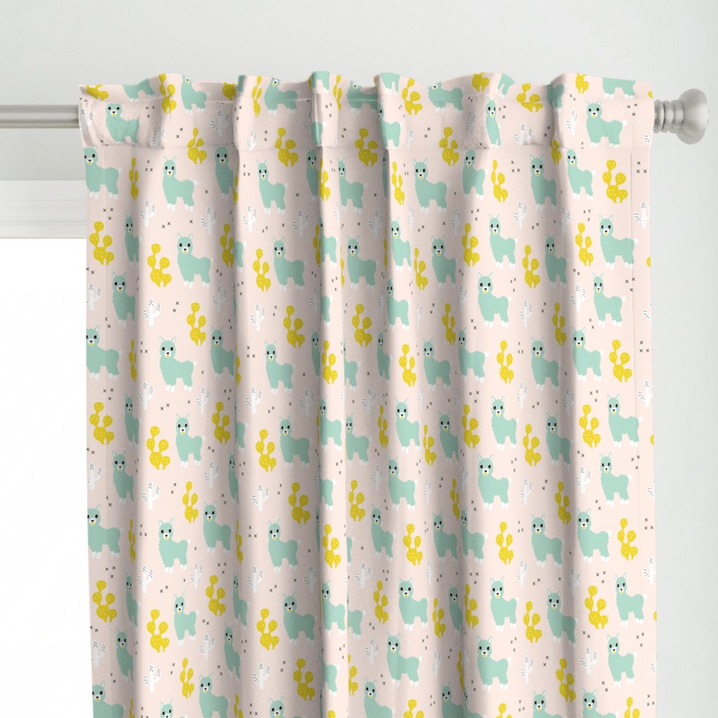 Soft pastel llama alpaca love cactus summer design mint yellow